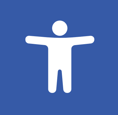 Eicon yn cynrychioli Hygyrchedd gyda ffigur ffon wen yn dal ei freichiau allan ar gefndir glas tywyll Icon representing Accessibility with a white stick figure holding out its arms on a dark blue background